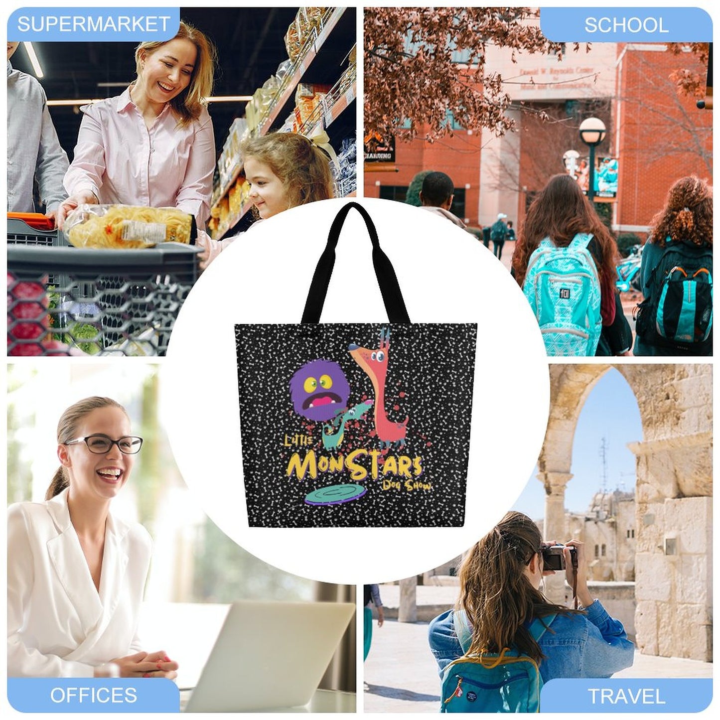 LITTLE MONSTERS Large One Shoulder Shopping Bag (All-Over Printing)