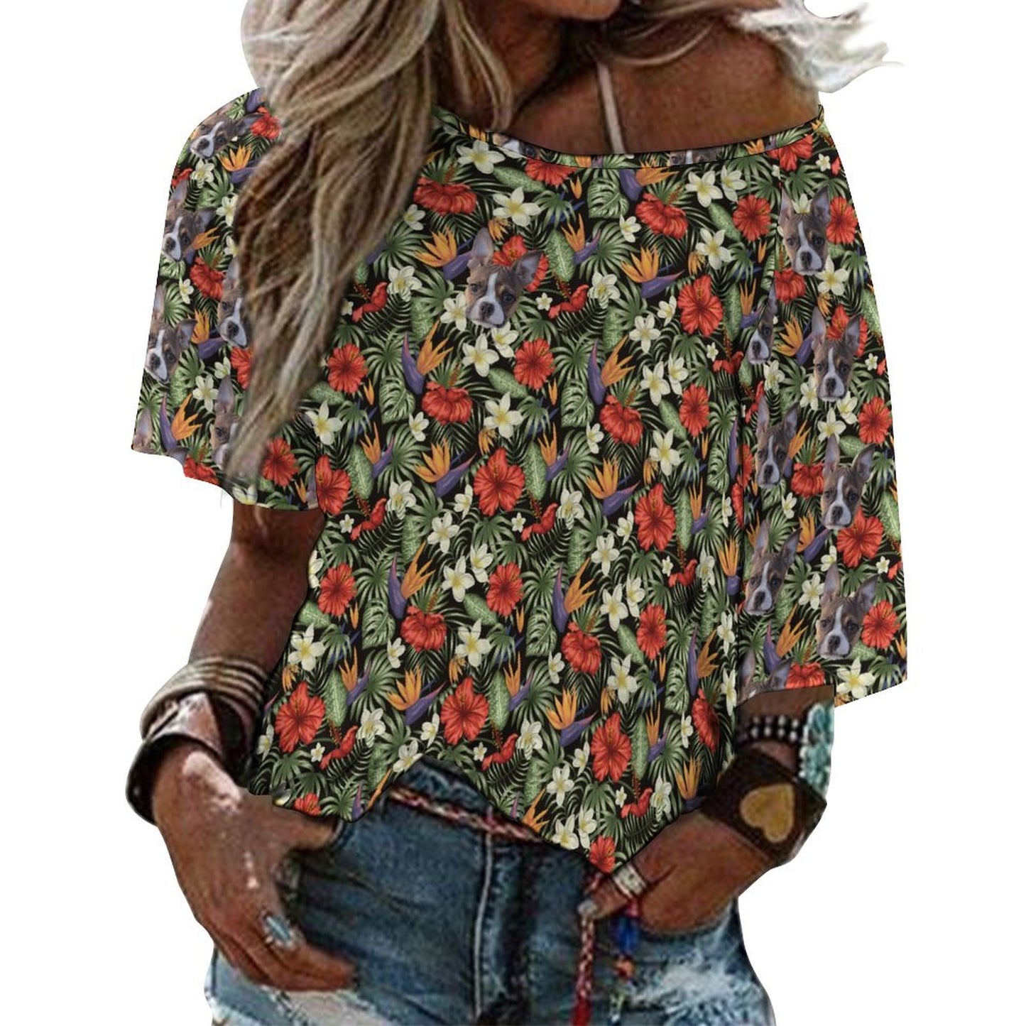 HAWAIIAN STYLE FACE - Women’s Off the Shoulder Half-Sleeve T-shirt