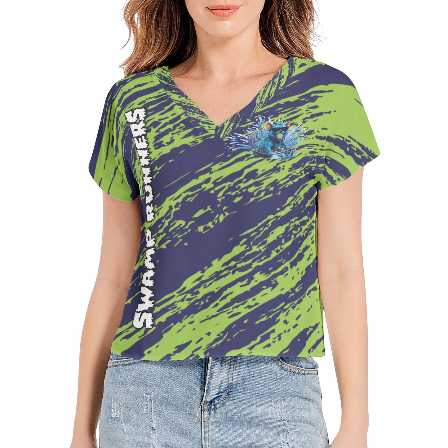 SWAMP RUNNERS 3 Batwing Sleeve V-Neck Top