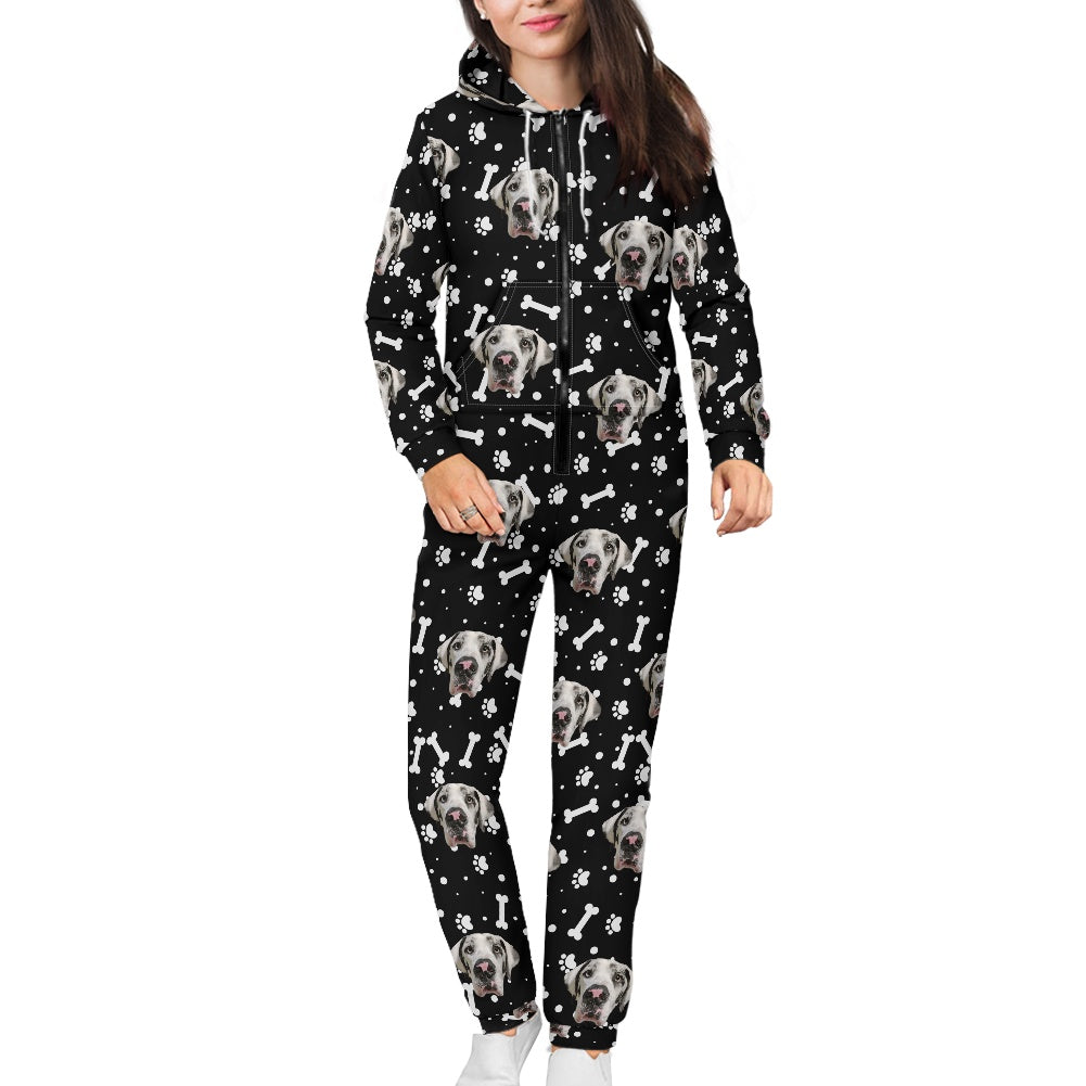 FACE w PAWS-n-BONES  Women's hooded long sleeve jumpsuit