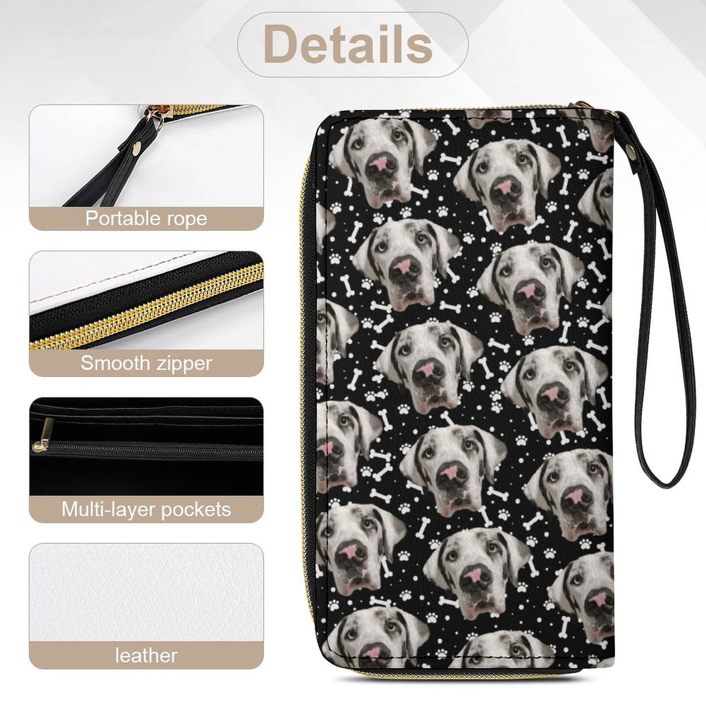 FACE w PAWS-n-BONES Leather Wallet with Wristlet Strap