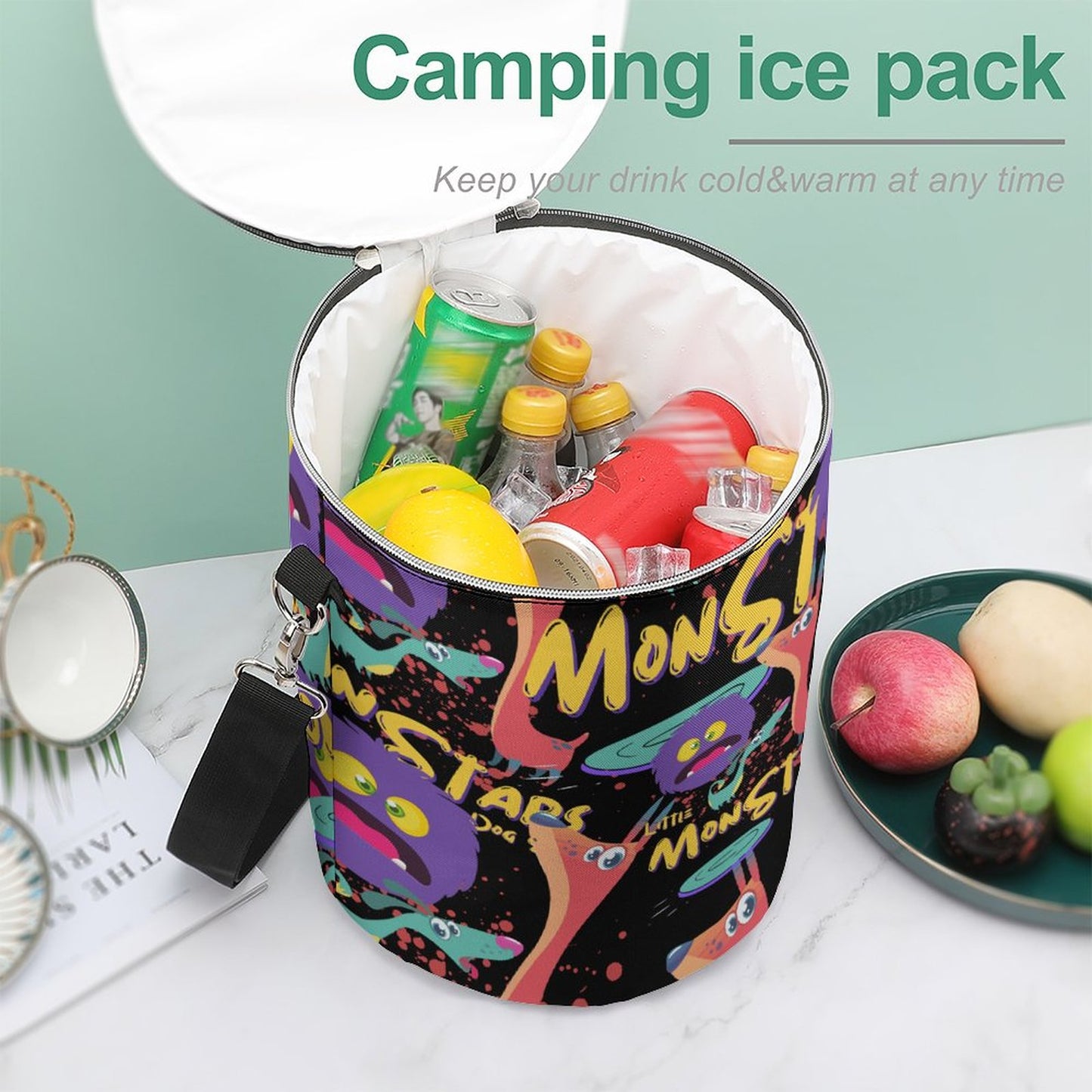 LITTLE MONSTERS  Round Collapsible Insulated Cooler Bag with Shoulder Strap A018 (All-Over Printing)