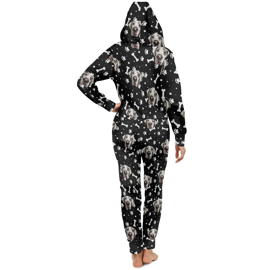 FACE w PAWS-n-BONES  Women's hooded long sleeve jumpsuit