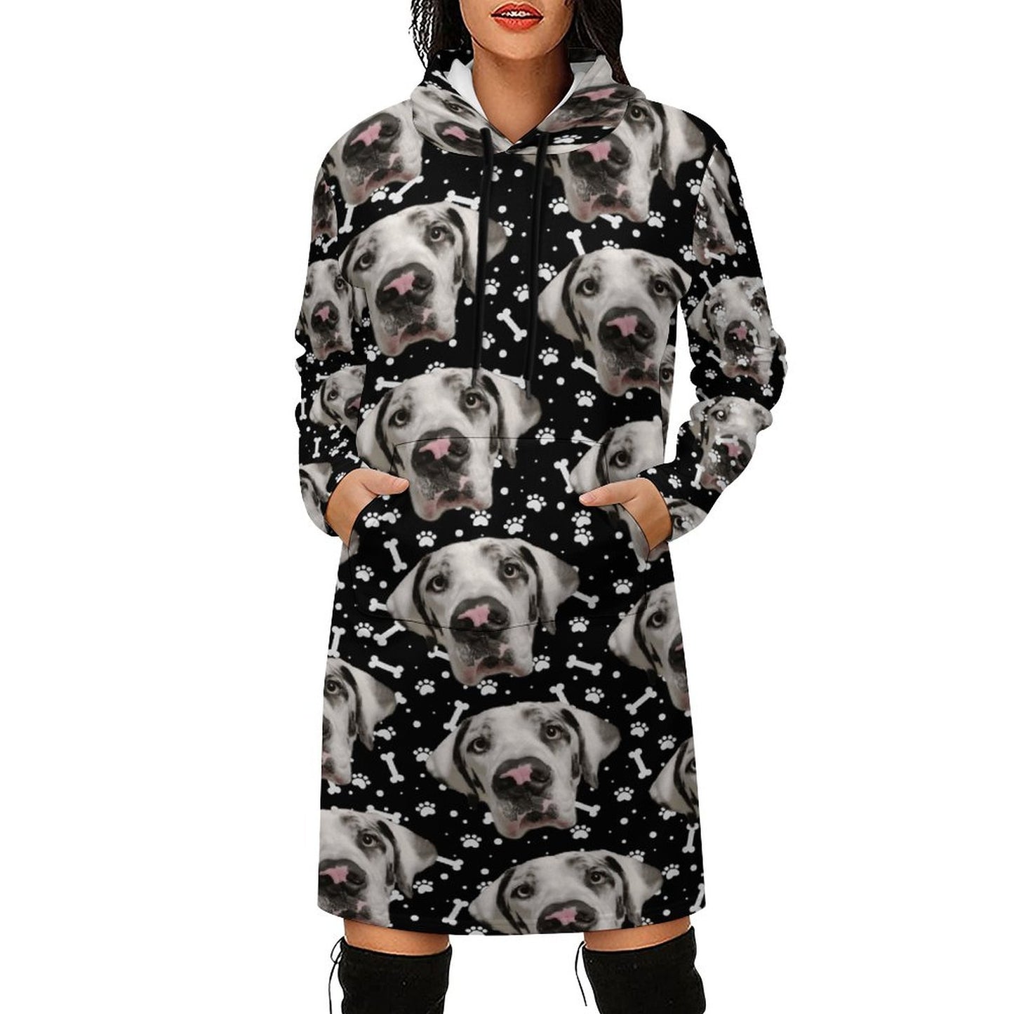 FACE w PAWS-n-BONES  Long Sleeve Hoodie Dress