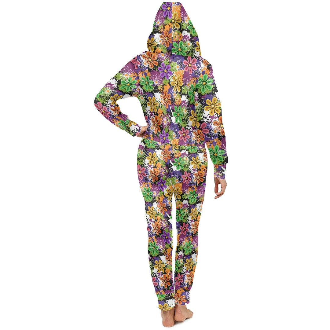 NEON FLOWERS Hooded long sleeve jumpsuit