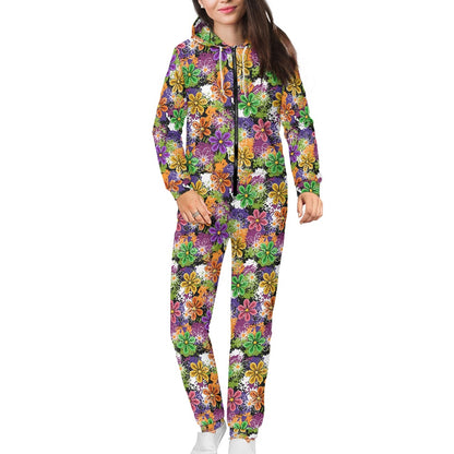 NEON FLOWERS Hooded long sleeve jumpsuit