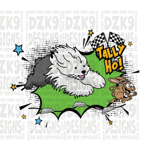 Sheepdog TALLY HO  Comic Burst Cartoon  T-Shirts & More!