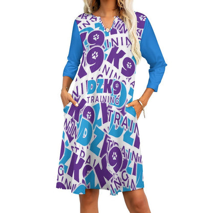 V-neck 3/4 Sleeve Dress with Pockets (All-Over Printing)