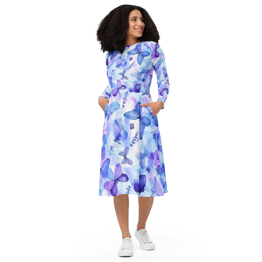 Blue Butterflies - All-over print long sleeve midi dress