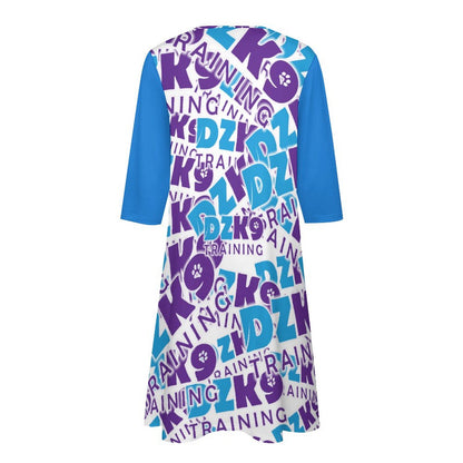 V-neck 3/4 Sleeve Dress with Pockets (All-Over Printing)