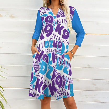 V-neck 3/4 Sleeve Dress with Pockets (All-Over Printing)